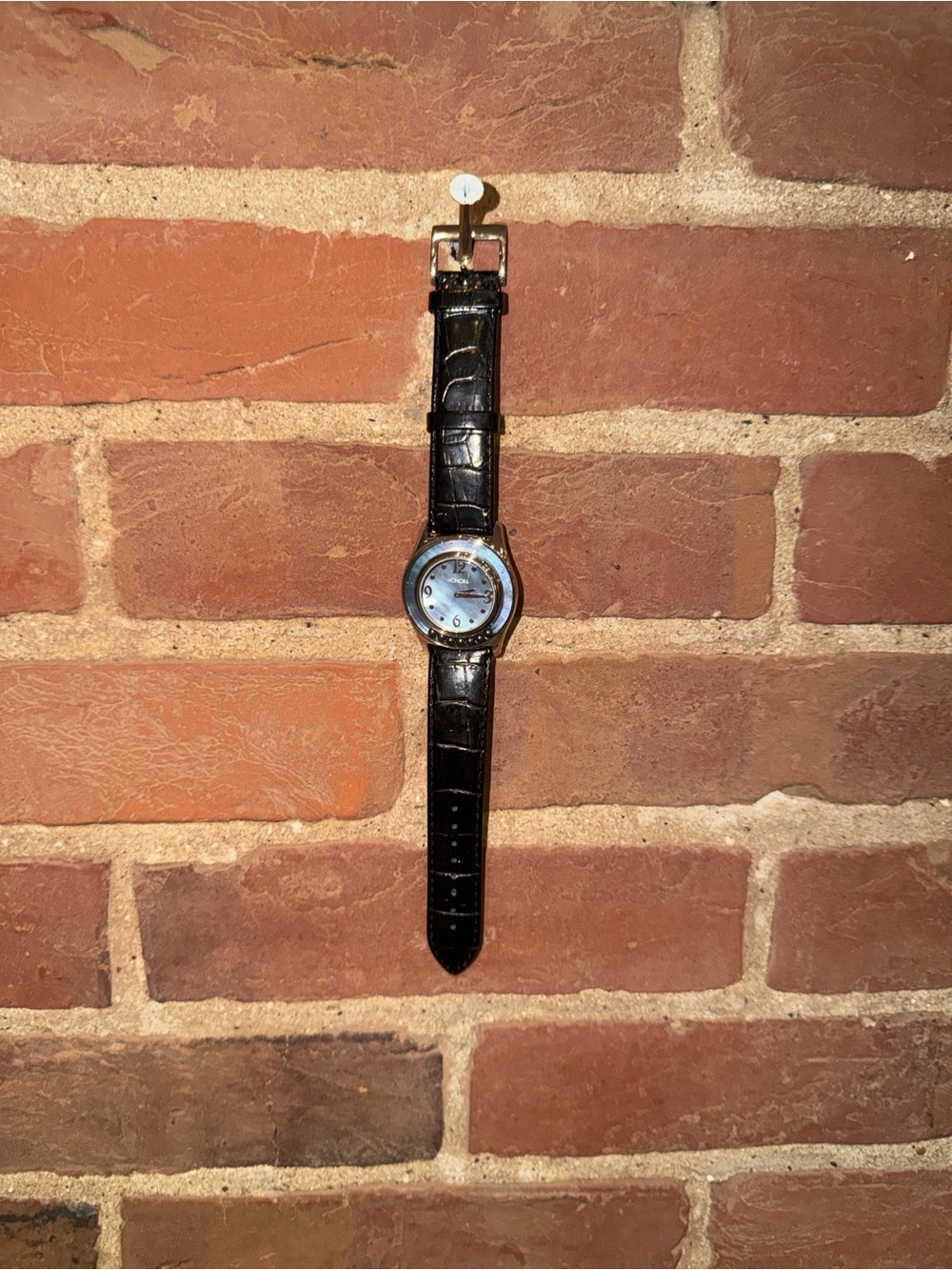 Honora Womens Quartz Watch Mother Of Pearl Dial Floating Black Pearls Leather